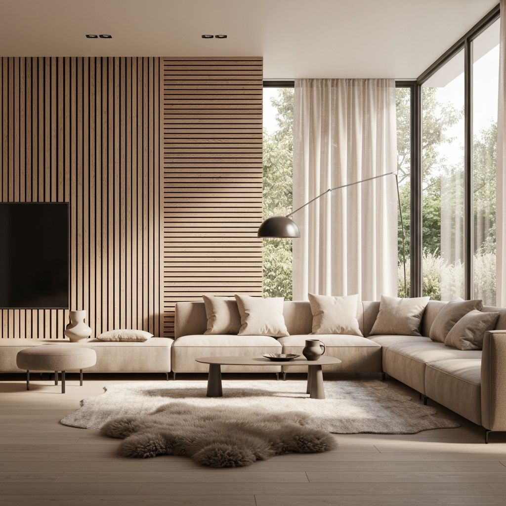 Modern Scandinavian living room with wood wall panels